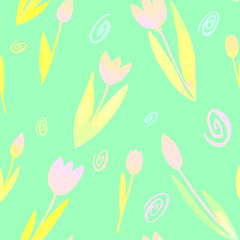 Floral Seamless Pattern with Watercolor Tulips. Spring Background with Blossom Flowers for Fabric, Wallpaper, Posters, Banners.
