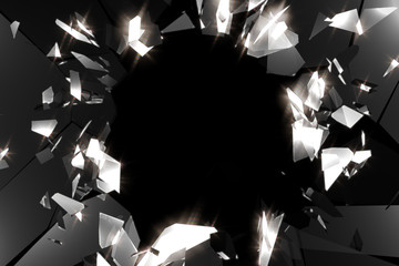 Broken glass at front view with chromatic streak light, 3D rendering