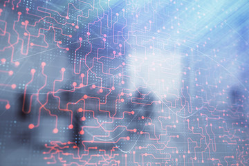 Technology theme drawing with office interior on background. Multi exposure. Concept of innovation