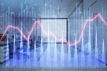 Stock market chart with trading desk bank office interior on background. Double exposure. Concept of financial analysis