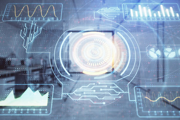 Technology theme drawing with office interior on background. Multi exposure. Concept of innovation