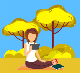 Obraz na płótnie Canvas Relaxation in park vector, tranquil pastime of character with ebook. Lady on weekends enjoying reading electronic book or tablet. Female person hobby. Flat cartoon