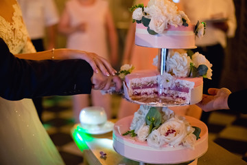 cutting the wedding cake by the bride and groom