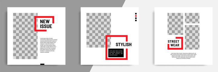 Minimal design background vector illustration in black red white frame color. Editable square abstract vintage, geometric strip line shape banner template for social media post, stories, story, flyer.