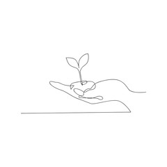 continuous line drawing of growing plant in hand. isolated sketch drawing of growing plant in hand line concept. outline thin stroke vector illustration