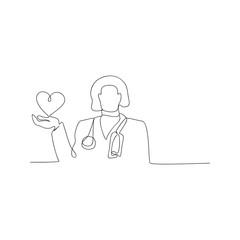 continuous line drawing of doctor with stethoscope keeping heart. isolated sketch drawing of doctor with stethoscope keeping heart line concept. outline thin stroke vector illustration