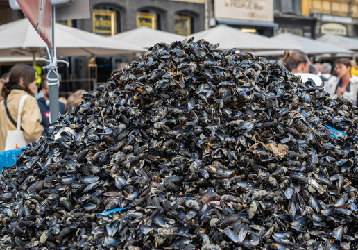 Great Lille Braderie (Braderie de Lille).Large pile of shells from eaten mussels, traditionally built on Great Lille Braderie.