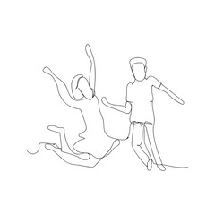 continuous line drawing of jumping happy couple. isolated sketch drawing of jumping happy couple line concept. outline thin stroke vector illustration