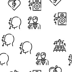 Singing Song Seamless Pattern Vector Linear Pictograms. Black Contour Illustrations