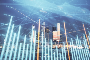 Double exposure of financial chart on Moscow city downtown background. Concept of stock market analysis