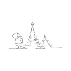 continuous line drawing of new year boy and christmas tree. isolated sketch drawing of new year boy and christmas tree line concept. outline thin stroke vector illustration