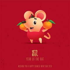 Cartoon cute little rat holds two big mandarin orange. Rat chinese new year 2020. Translation: Rat  - vector mascot