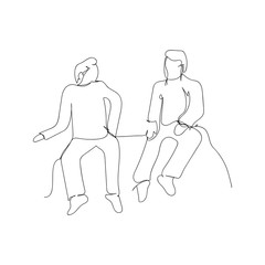 continuous line drawing of two sitting talking men. isolated sketch drawing of two sitting talking men line concept. outline thin stroke vector illustration