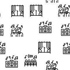 Singing Song Seamless Pattern Vector Linear Pictograms. Black Contour Illustrations