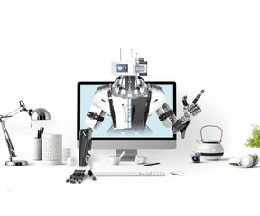 robot popping out from computer screen in white desk room