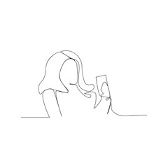 continuous line drawing of woman looking mobile phone. isolated sketch drawing of woman looking mobile phone line concept. outline thin stroke vector illustration