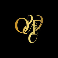 Initial letter O & F OF luxury art vector mark logo, gold color on black background.