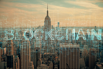 Double exposure of crypto currency theme hologram drawing and city veiw background. Concept of blockchain and bitcoin.
