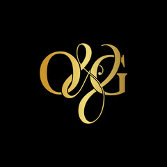 Initial letter O & G OG luxury art vector mark logo, gold color on black background.