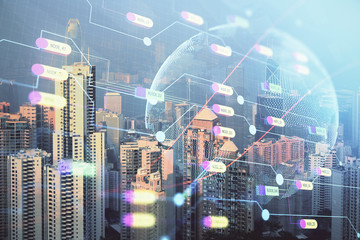 Plakat Map and data theme hologram on city view with skyscrapers background double exposure. International technology in business concept.
