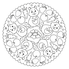 Coloring page mandala with hamster, carrot, apple, strawberry, pear, flower. Vector Illustration.