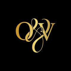 Initial letter O & V OV luxury art vector mark logo, gold color on black background.