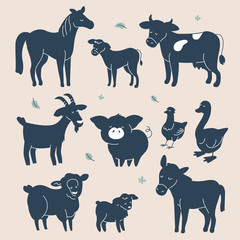 Cute farm animals silhouettes - flat design style set of characters