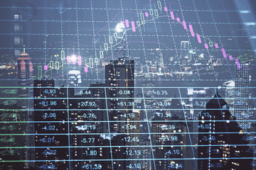 Double exposure of forex chart drawings over cityscape background. Concept of success.