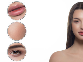 Closeup of beauty women with clean skin, full lips and long dark hair. Looks at the camera and shows skin care. Increased skin texture around the eyes and lips. Smile on face