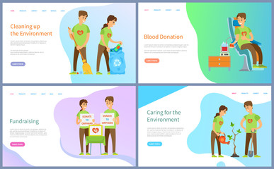 Cleaning environment vector, people with bags and rubbish, blood donation and charity, growing tree and blood donation of male volunteers. Website or slider app, landing page flat style