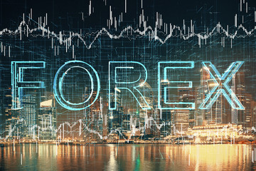 Financial chart on city scape with tall buildings background multi exposure. Analysis concept.
