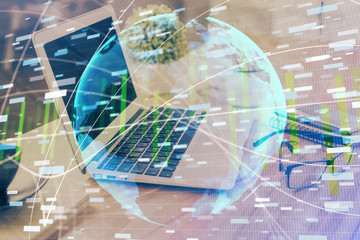 Double exposure of business theme icons and work space with computer background. Concept of success.