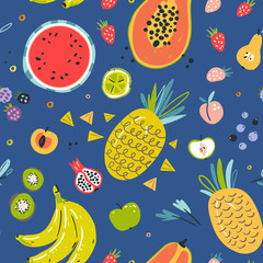 Fruit collection in flat hand drawn style, illustrations set. Tropical fruit and graphic design elements. Ingredients color cliparts. Sketch style  ingredients. Isolated scandinavian cartoon items
