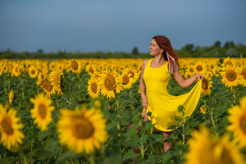 Fototapeta premium A red-haired woman in a yellow dress is standing in a field of sunflowers. Beautiful girl in a skirt sun enjoys a cloudless day in the countryside. Pink locks of hair.