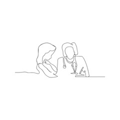 continuous line drawing of woman with doctor. isolated sketch drawing of woman with doctor line concept. outline thin stroke vector illustration