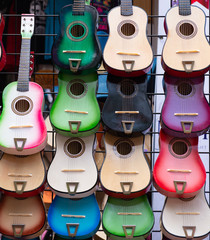 Colorful guitars for sale, Spanish market