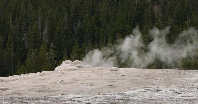Yellowstone National Park Old Faithful steam venting. Cone geyser predictable geothermal ecosystem environment. Caldera superolcano. Biology geography and ecology.