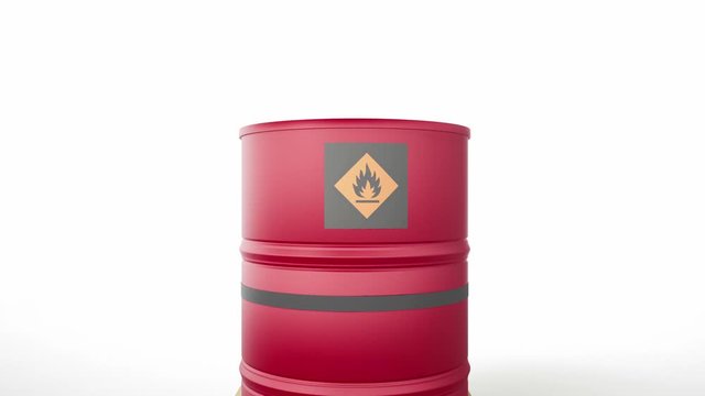 Two metal red barrels with oil symbol, located on wooden pallet, isolated on white background. Camera pedestal movement, lift. 60 fps animation.
