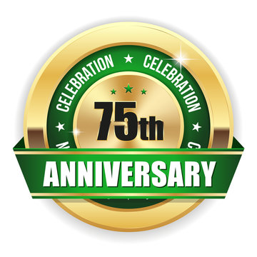 Gold 75th anniversary badge with green ribbon on white background