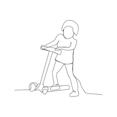continuous line drawing of little girl riding a kick-scooter. isolated sketch drawing of little girl riding a kick-scooter line concept. outline thin stroke vector illustration