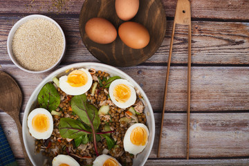 Lentil salad with vegetable sprouts and hard boiled egg. Healthy life style. Healthy diet.top view