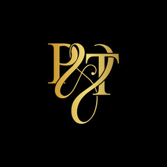 Initial letter P & T PT luxury art vector mark logo, gold color on black background.