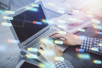 Double exposure of forex chart with man working on computer on background. Concept of market analysis.