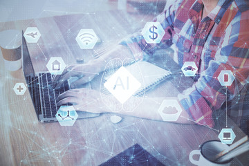 Businessman with computer background with technology theme hologram. Concept of big data. Double exposure.