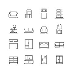 Set of line icon is furniture for indoor room. Editable stroke. Vector illustration. Eps10.