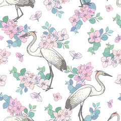 Seamless pattern with cranes and sakura flowers