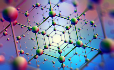 Nanotechnology in modern science. Future technologies in study of structure of nanomaterials. 3D illustration of atomic grid on a high-tech background