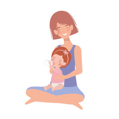 cute pregnancy mother seated with little girl characters