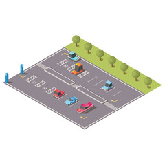 City street car parking area with various passenger vehicles, going on road, parked on parallel lots for disabled people isolated, isometric vector illustration. Urban transport infrastructure element