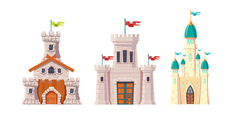 Medieval castles, fairytale corteses, fantasy strongholds with rough-hewn, polished stone walls, flags on high watchtowers, wooden gates with forged metal hinges cartoon vector set isolated on white